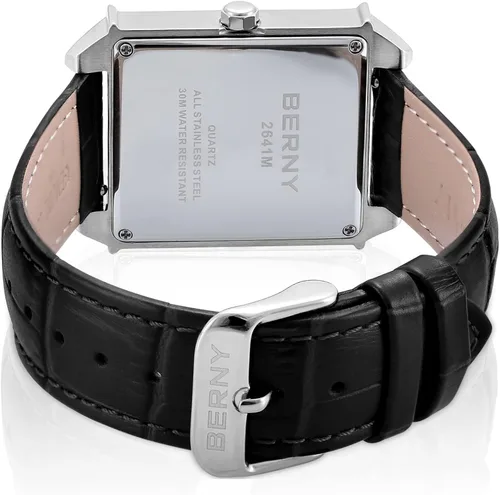 Vista 4 de BERNY Relojes cuadrados para hombre, reloj de cuarzo, calendario rectangular, reloj con correa de cuero