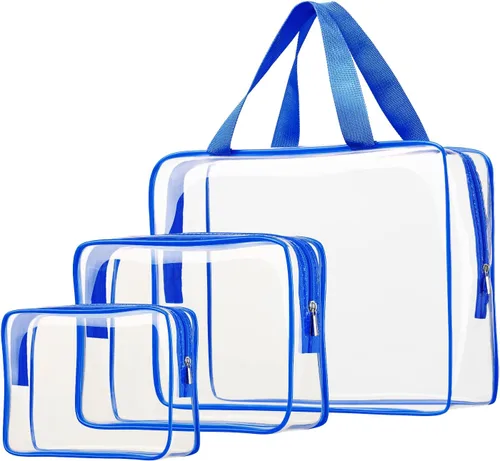 Vista 14 de 3 bolsas de cosméticos transparentes, aprobadas por la TSA, juego de bolsas de aseo transparentes para viajes, playa, bolsa de organización