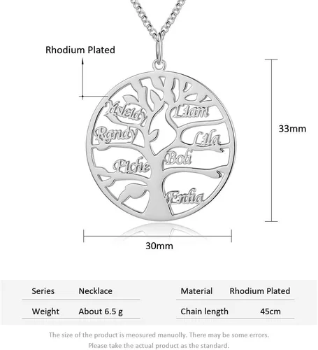Vista 2 de Collar Kaululu con nombre personalizado para la familia, con 1-9 nombres grabado, colgante de árbol de vida, collar para mujer, hombre y familia