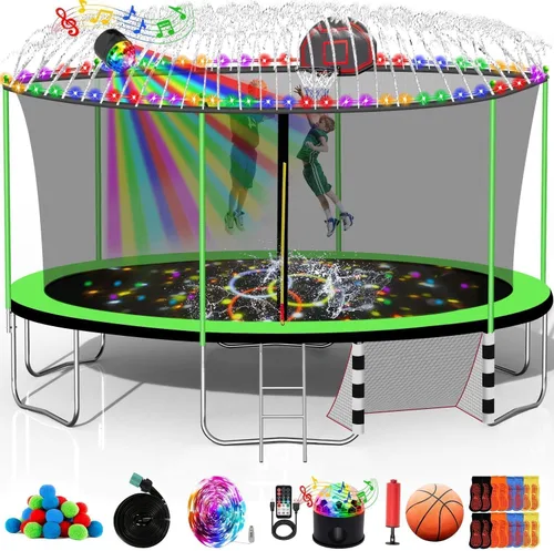 Vista 15 de Trampolín de 1500 libras, 10 pies, 12 pies, 14 pies, 15 pies, 16 pies, con luces LED, rociador, altavoz de música y calcetines, trampolín