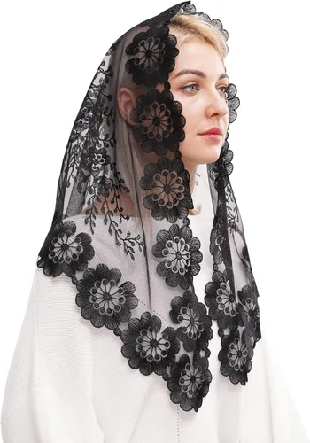 Vista 2 de Mantilla triangular de encaje para cubrir la cabeza de masas latinas velo de encaje grande