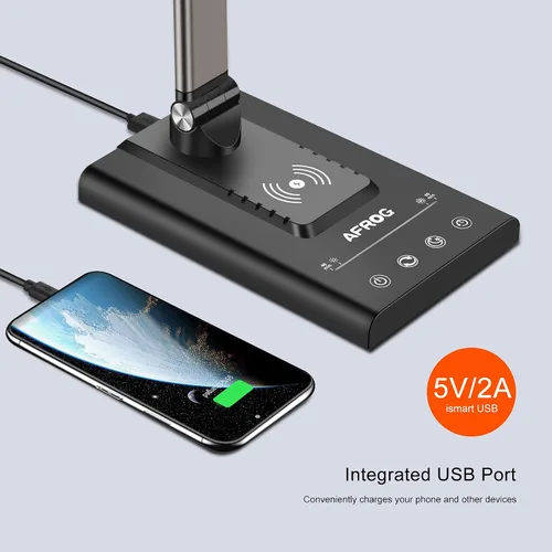 Vista 5 de AFROG - Lámpara de escritorio LED multifuncional de 5ª generación con cargador inalámbrico de carga rápida de 10 W, puerto de carga USB, 1800 lux