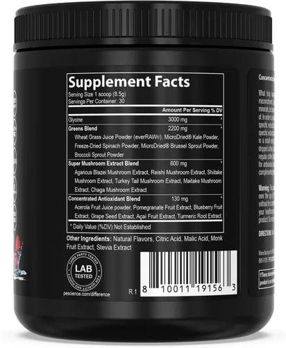 Vista 5 de PEScience Greens Powder Superfood con clorofila natural, polvo de hongos Reishi y cola de pavo, col rizada liofilizada, espinacas, brotes