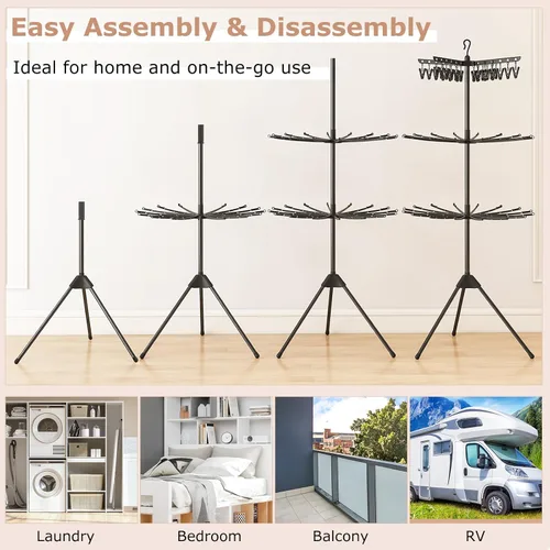 Vista 9 de GIANTEX - Trípode de secado de ropa de 70 pulgadas con 24 clips y 32 varillas, giratorio en 360° 3-Tier Freestanding Folding Laundry Drying Rack