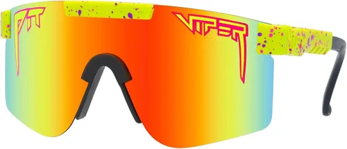 Vista 3 de Pit Viper Las gafas de sol originales de 1993 polarizadas con lentes de arco iris de ajuste estrecho, Yelow con salpicadura rosa y púrpura