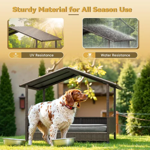 Vista 6 de Greesum Casa de mimbre para perros pequeños/medianos, cama elevada para perros al aire libre e interior con cojín, para terraza, patio, piscina