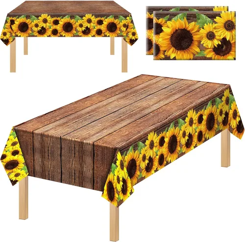 Vista 8 de Tegeme 1 mantel rústico de plástico con grano de madera de girasol, estilo vintage, rectangular, mantel para mesa de comedor, cocina, fiesta