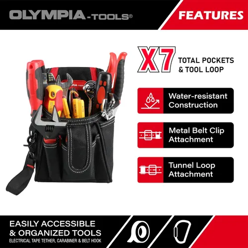 Vista 4 de Olympia Tools Bolsa de herramientas de 7 bolsillos con clip para cinturón, negro y rojo