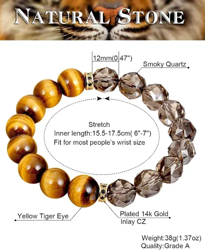 Vista 4 de Jeeless - Pulseras de cuarzo ahumado natural con ojo de tigre amarillo para hombres y mujeres amuleto de energía curativa cristales traer riqueza