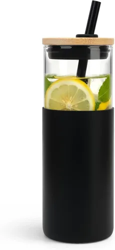 Vista 9 de Tronco Vaso de vidrio de 28 onzas con tapas y pajilla, taza reutilizable para café helado y vaso para batidos con tapa de bambú, funda de silicona