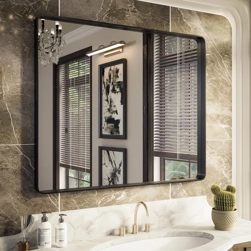 Vista 34 de ISKM Espejo con marco negro para pared de 20 x 16 pulgadas, espejo de tocador de baño antioxidante, vidrio templado, espejo rectangular redondeado