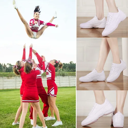 Vista 5 de DADAWEN Zapatos de animación para adultos y jóvenes, zapatos de animadora blancos para mujeres, zapatos de baile, atléticos, deportivos