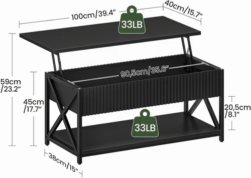 Vista 2 de CHOEZON Mesa auxiliar elevable de 39.4 pulgadas, mesa de centro acanalada con compartimento oculto y estante de almacenamiento, mesa elevadora