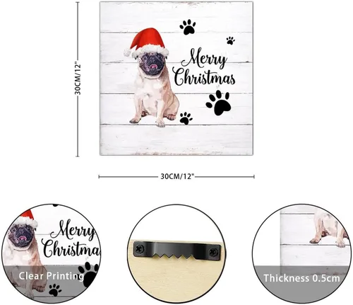Vista 2 de Letrero de madera para perro con sombrero rojo, placa de pared rústica con reglas para mascotas, arte de pared colgante de granja, placa
