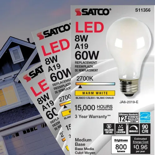 Vista 4 de Satco Bombilla LED A19 de 8 W, 2700 K, blanco suave, 800 lúmenes, base media E26, regulable, haz de 320 grados, accesorio cerrado nominal de 120 V
