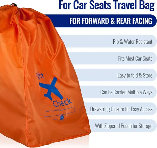 Vista 6 de Bolsa de viaje para asiento de automóvil y portaequipajes para puerta con bolsa de viaje, naranja brillante con letras azules para aeropuerto