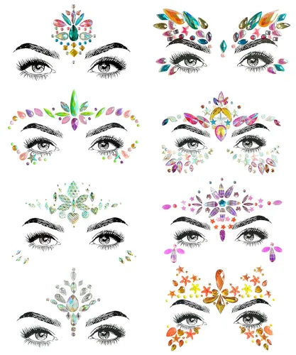 Vista 19 de 8 calcomanías faciales de piedras preciosas para festivales de música, fiestas de vacaciones, joyas de cara con diamantes de imitación para 8 piezas