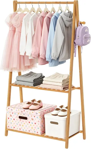 Vista 7 de Percheros Pequeños para Colgar Ropa, Percheros de Bambú para Prendas de Niños, Perchero Independiente para Vestidos y Trajes para Dormitorio, Sala