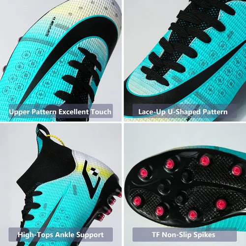 Vista 2 de HHY Botines de fútbol para hombre, zapatos de fútbol de caña alta, antideslizantes, para interiores y exteriores, césped firme, botas de combate