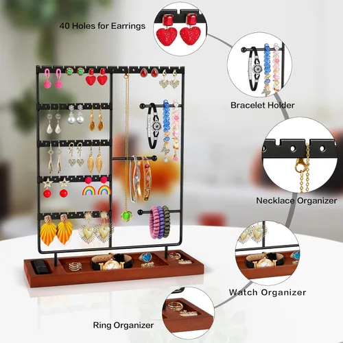 Vista 3 de Godboat Organizador de joyas, organizador de aretes con 44 agujeros, soporte de pulsera de 3 filas y organizador de collares, base de madera