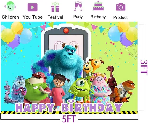 Vista 2 de Telón de fondo de dibujos animados de Monster Inc para fiesta de cumpleaños, suministros de 5 x 3 pies con temática de Monster Inc y Boo Baby Shower