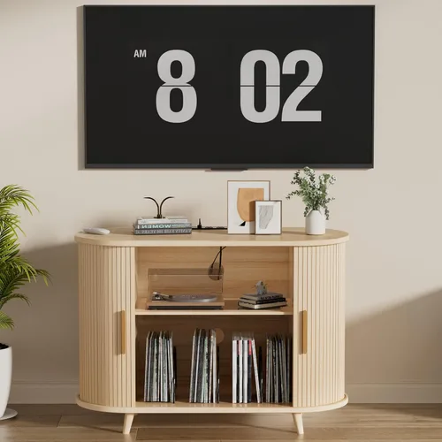 Vista 9 de Soporte para tocadiscos con almacenamiento de vinilo, gabinete multimedia moderno con estación de carga y luces LED, soporte para puerta corrediza