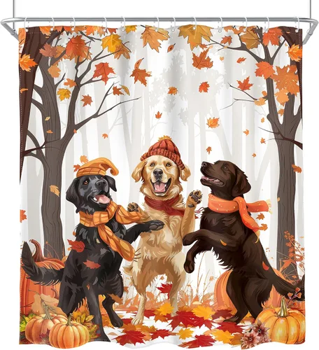 Vista 8 de AMBZEK Cortina de ducha de otoño para perro, 60 pulgadas de ancho x 72 pulgadas de largo, hojas de arce, calabaza, caricatura, cachorro, divertidos