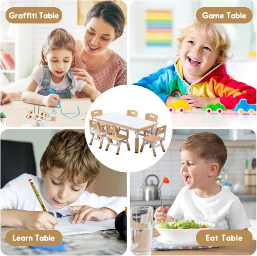 Vista 6 de Juego de mesa y silla para niños, altura ajustable, juego de mesa y silla para niños pequeños y 6 sillas con escritorio a prueba de grafiti, patas