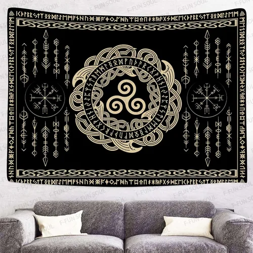 Vista 3 de F-FUN SOUL Tapiz de los vikingos nórdicos, franela suave, 40 x 30 pulgadas, nudo triskele vikingo, runa celta, tapiz de mitología estética