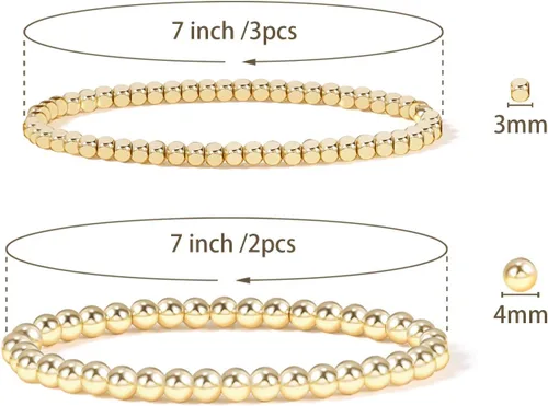 Vista 2 de Pulsera para mujer con cuentas chapadas en oro de 14 quilates, pulsera elástica de cuentas redondas