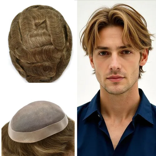 Vista 7 de Toupee - Sistema de reemplazo de cabello fino y duradero para hombre, piezas de cabello 100% humano para hombres, revestimiento de poliéster, unidad