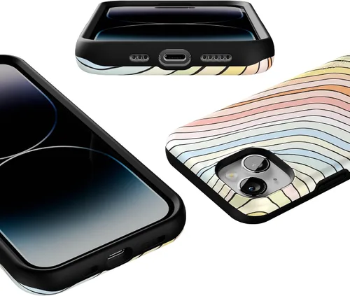Vista 3 de Casely Funda para iPhone 14 Ride The Wave Líneas de arcoíris pastel Compatible con MagSafe Diseño protector audaz