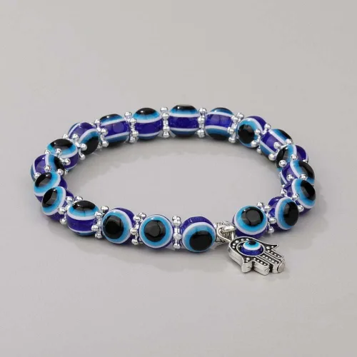 Vista 5 de Evil Eye Hamsa Blue Beaded Charm Stretch Bracelet Hand of Fatima Turkish Lucky Evil Eye Bracelet for Protection and Blessing