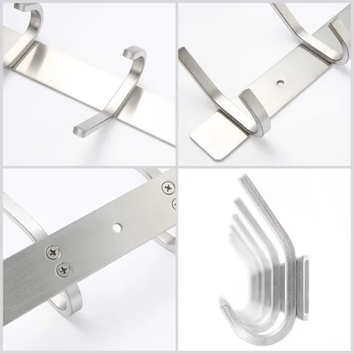 Vista 6 de Perchero montado en la pared, toalleros plateados de acero inoxidable con 4 ganchos para baño, cocina, puerta de dormitorio
