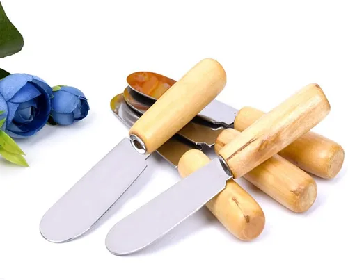 Vista 7 de ACKLLR Paquete de 5 esparcidores de mantequilla de acero inoxidable con borde recto y mango de madera, juego de esparcidores de condimentos de queso