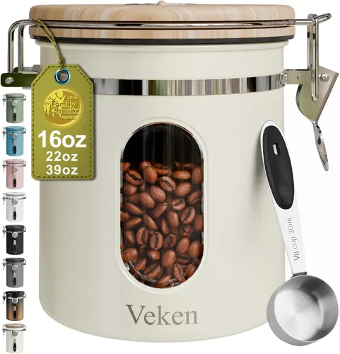 Vista 11 de Veken Recipiente de café con ventana, recipiente hermético de almacenamiento de alimentos de cocina de acero inoxidable con tapas, rastreador