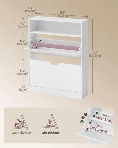 Vista 2 de VASAGLE Armario para zapatos con 2 cajones abatibles, capacidad para hasta Divisores ajustables y extraíbles, entrada, 31.5 x 9.4 x 40.2 pulgadas