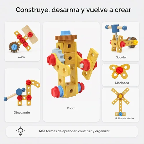 Vista 6 de PairPear - Banco de herramientas de madera para niños, banco de trabajo grande con juego de herramientas con caja de juguetes