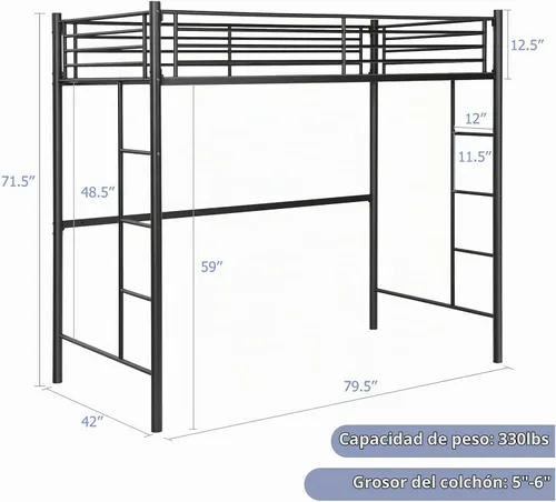 Vista 2 de GIANTEX - Cama alta de metal tamaño individual, marco de cama alta resistente con 2 escaleras, litera individual sobre loft con protector de Negro