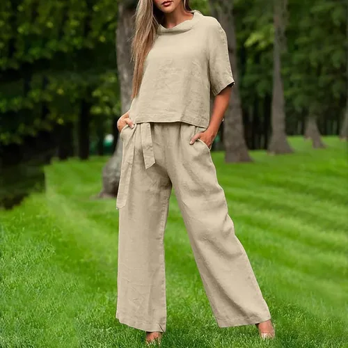 Vista 7 de Conjunto deportivo de 2 piezas para mujer, sudadera de lino de media manga de cuello alto con lazo en la cintura, pantalones holgados