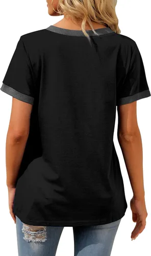 Vista 4 de Geifa Camisetas de manga corta con cuello en V para mujer, sueltas, casuales, de verano, con bolsillo