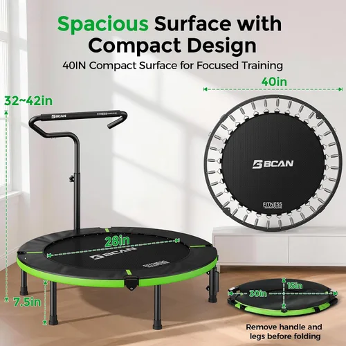 Vista 8 de BCAN 40"/38" Foldable Mini Trampoline, Rebounder Trampoline for Adults, U/T Adjustable Foam Handle, Exercise Rebounder for Adults Indoor/Garden