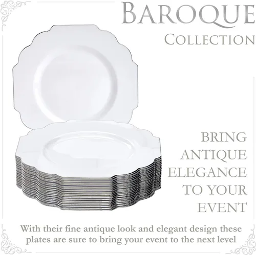Vista 2 de SILVER SPOONS Platos desechables de diseño elegante para fiesta (10 piezas) Juego de cena desechable resistente de 10.75 pulgadas, platos de Blanco
