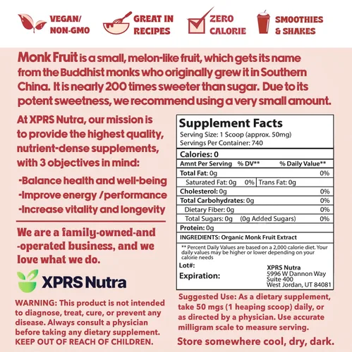 Vista 2 de XPRS Nutra Polvo de extracto de fruta de monje – 1.3 onzas de sustituto de azúcar edulcorante de fruta de monje Mogroside 25% premium
