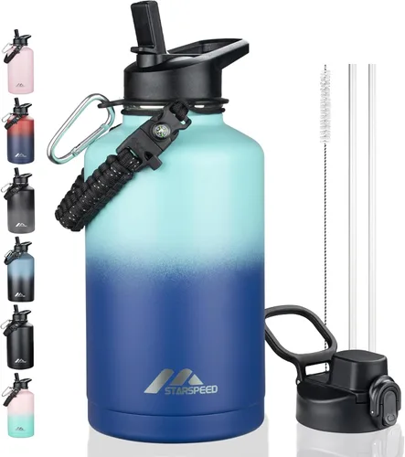 Vista 24 de StarSpeed Botella de agua aislada de 32 onzas con tapa con pajilla, botella de agua al vacío de doble pared de acero inoxidable, botella de agua