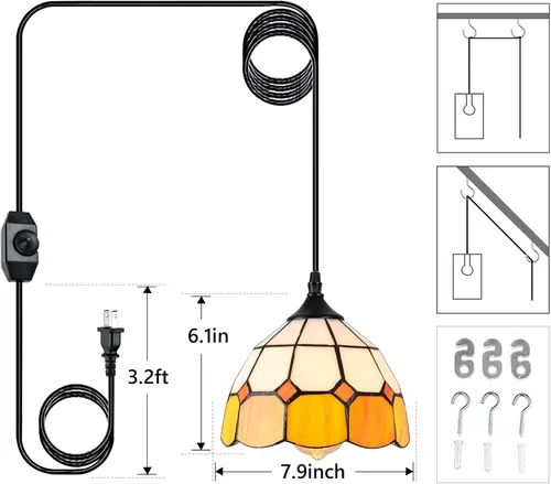 Vista 4 de Lámpara colgante Tiffany - Lámpara colgante regulable mini con enchufe, lámpara de techo estilo swag clásica perfecta para comedor, recámara