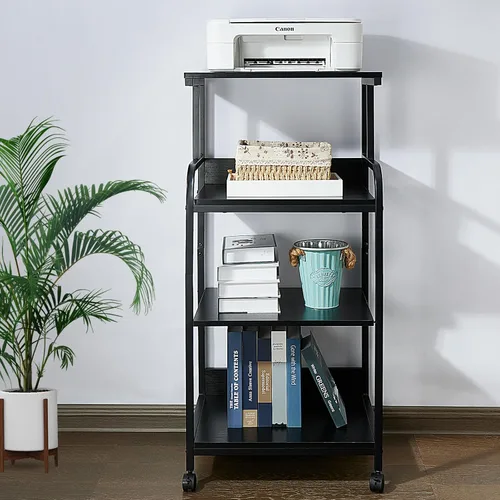 Vista 4 de Soporte de impresora de 4 niveles con ruedas, mesa de impresora multiusos, estante de almacenamiento de oficina y hogar, soporte de impresora Negro