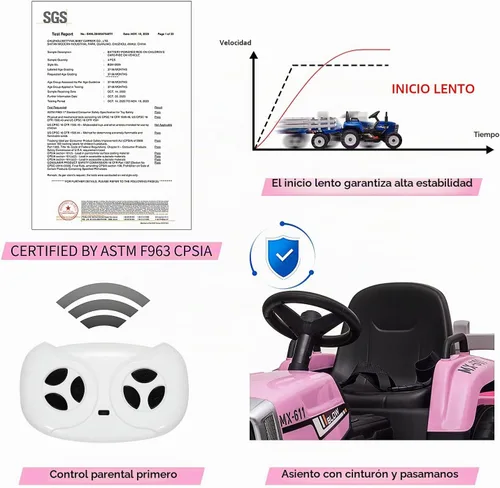Vista 5 de Nasitip Tractor eléctrico con batería de 12 V con remolque y control remoto Rosa