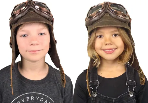 Vista 2 de Sombrero de aviador para niños, cuero marrón real, disfraz, casco volador de piloto, sombrero steampunk para niños