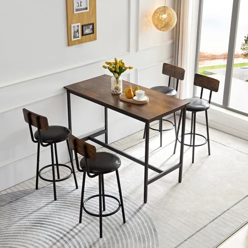 Vista 10 de LUCKHAO Juego de mesa de comedor de 3 piezas industrial para 2, mesa de comedor de altura de encimera de cocina con base de mesa ajustable
